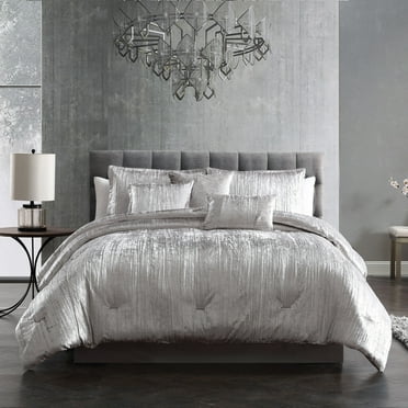 Riverbrook Home 7 Piece Comforter Set, Queen, Silver, Turin Silver Crinkle Velvet, Polyfill, Adult