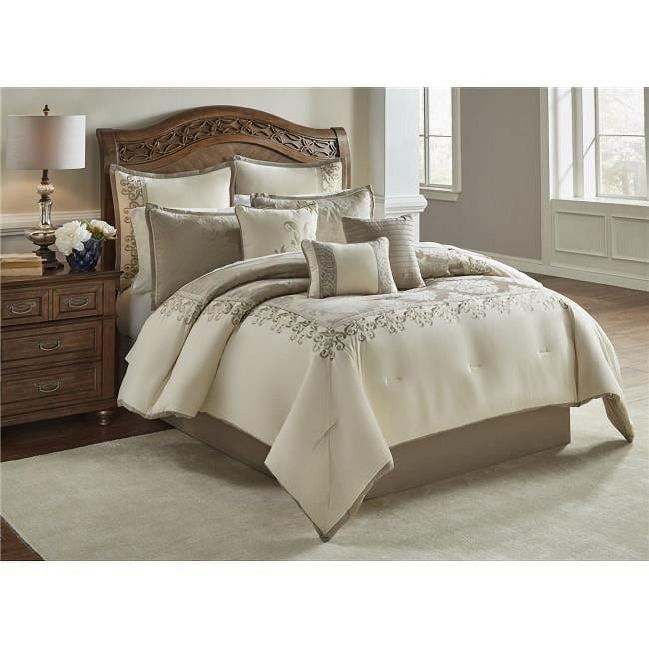 Hillcrest Ivory and Gold Queen Comforter Set with Embroidered Details