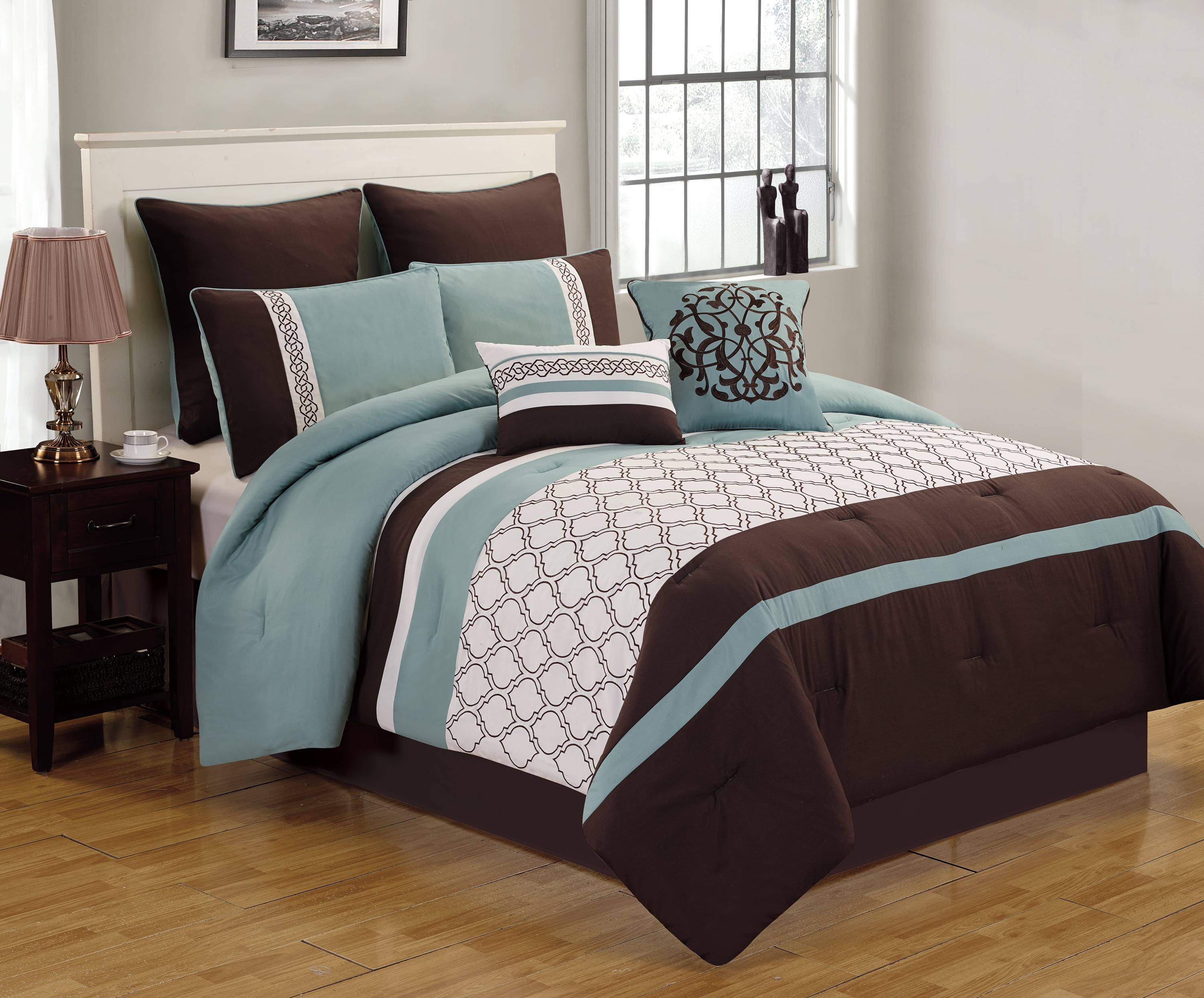 Riverbrook Home 8 Piece Comforter Set, King, Blue/Brown/Ivory, Tolbert, Polyfill, Adult