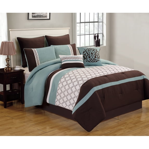 Riverbrook Home 8 Piece Comforter Set, King, Blue/Brown/Ivory, Tolbert, Polyfill, Adult