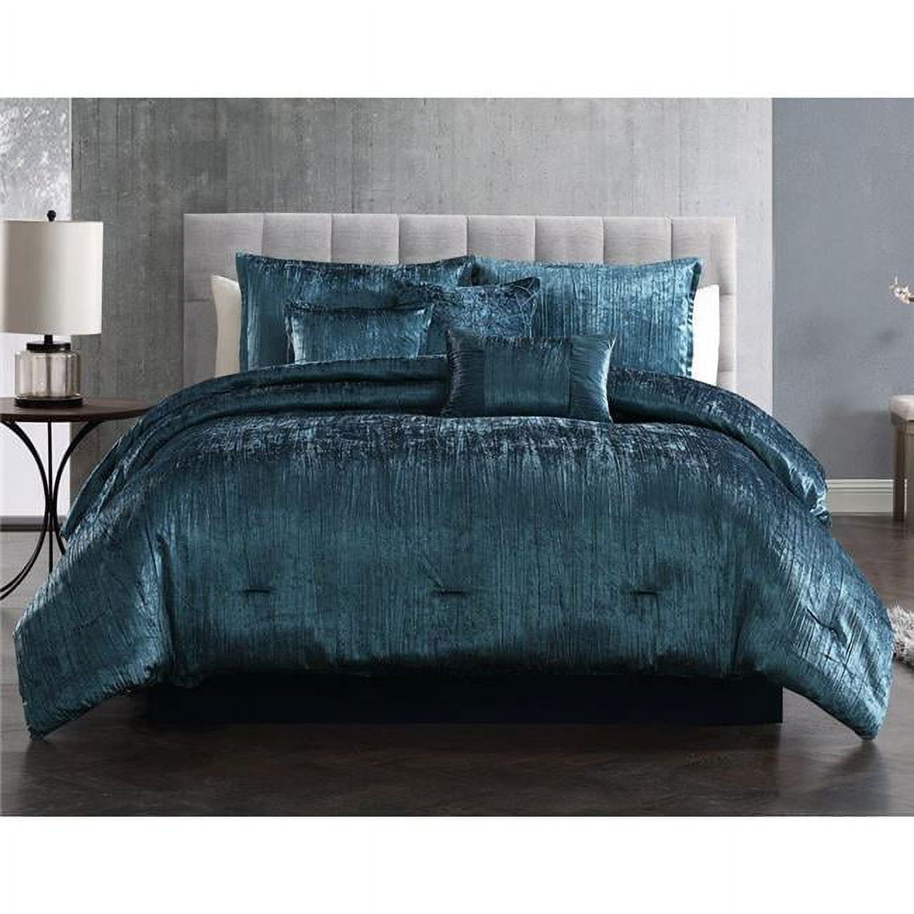 Royal Blue Crinkle Velvet King Comforter Set with Decorative Pillows