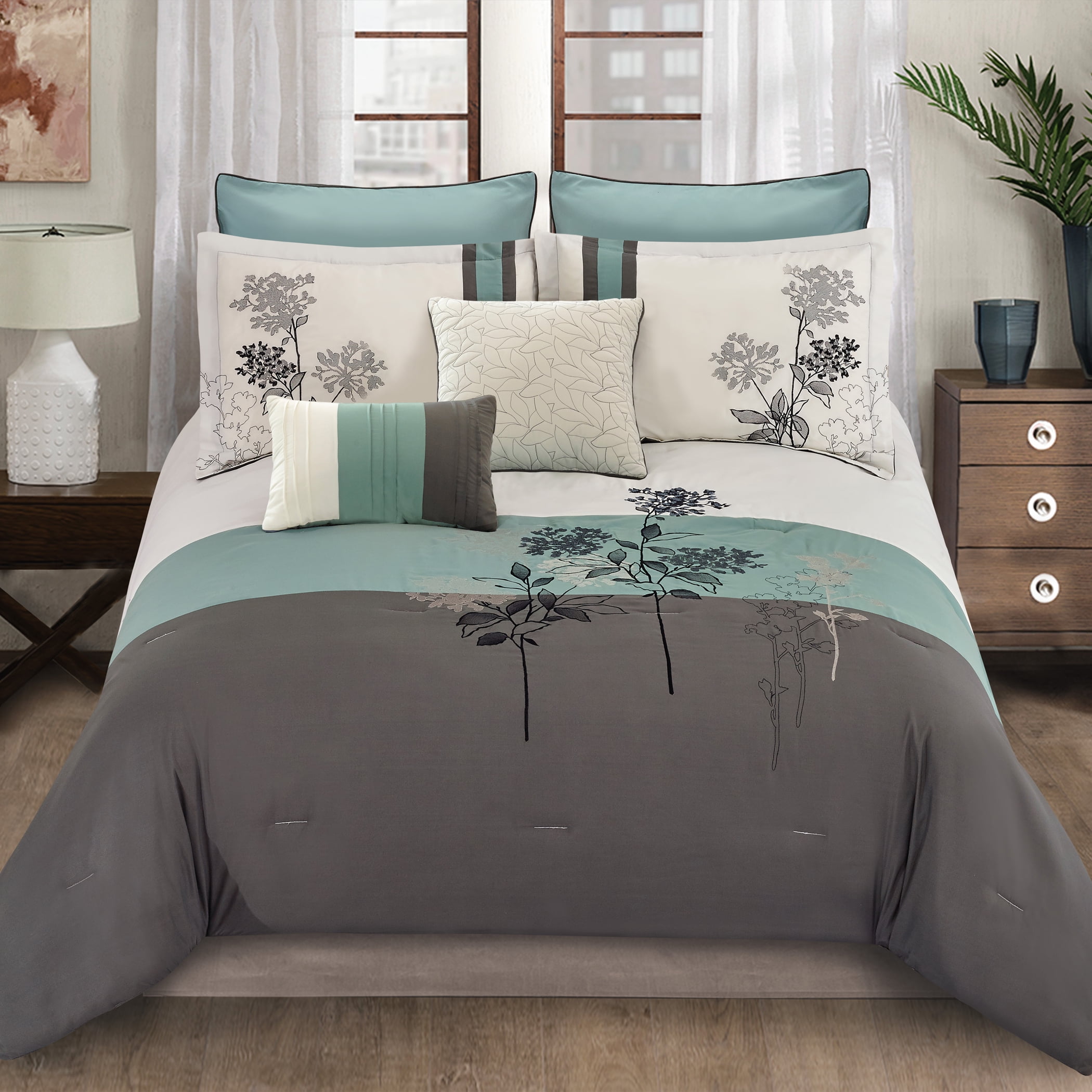 Riverbrook Home 8pc Comforter Set, Queen, Soft Teal, Emilie, Embroidered & Pieced, Polyfil