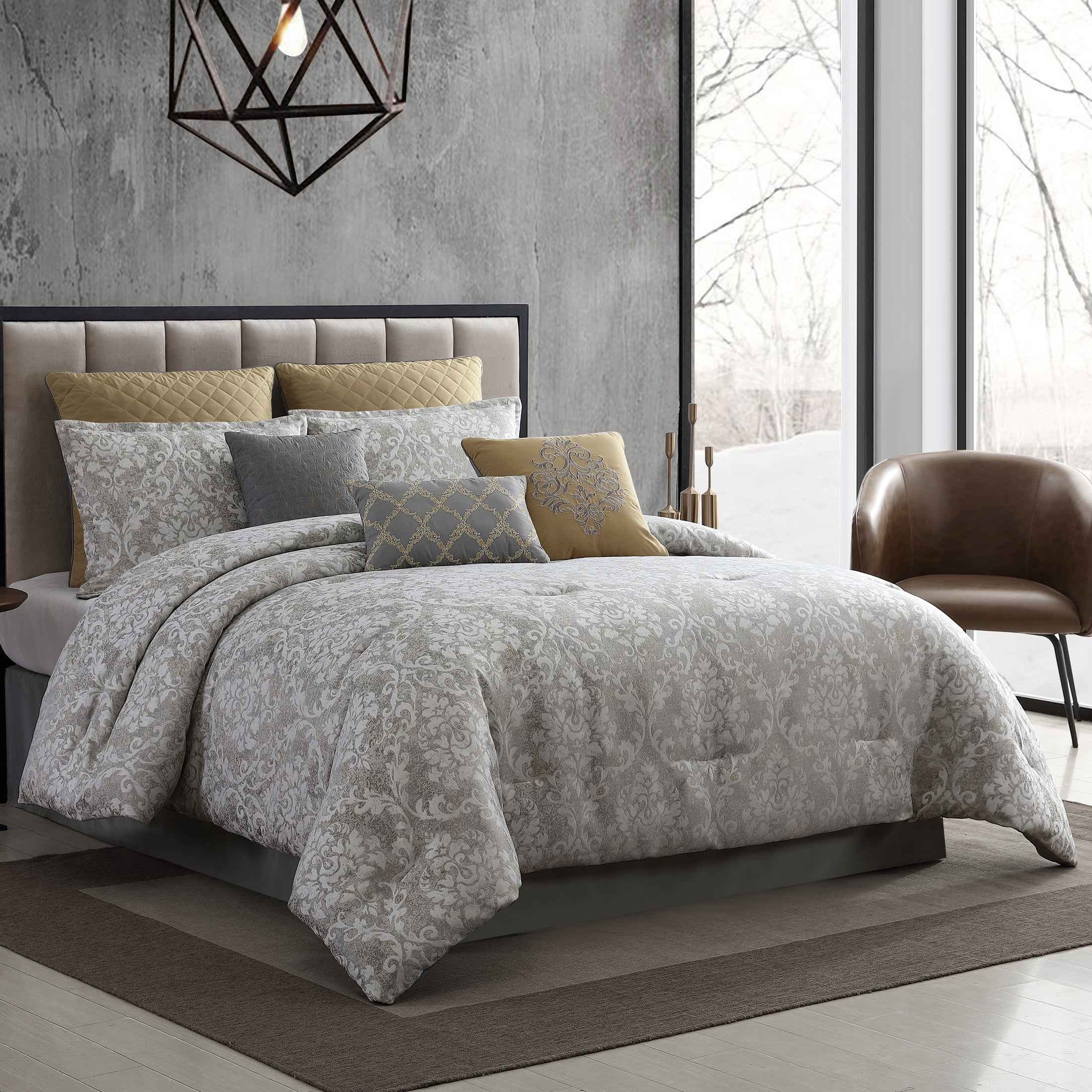 Lantana Gray and Gold 9-Piece Queen Comforter Set
