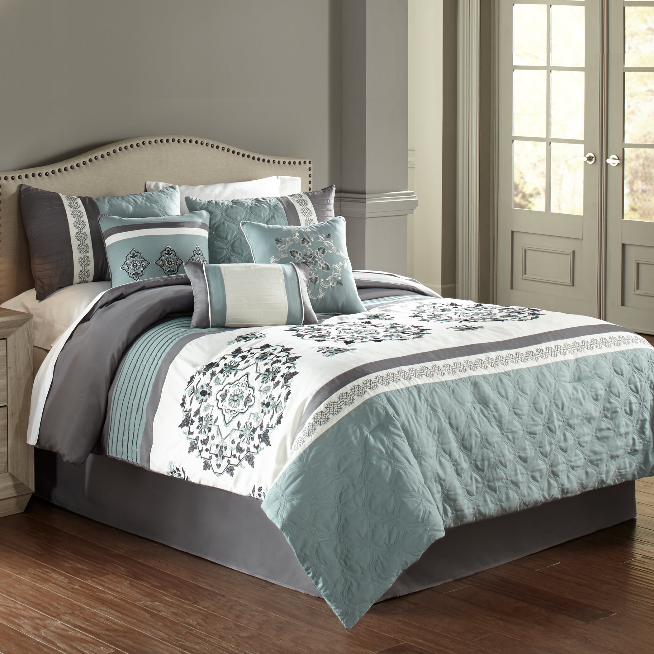 Alex Blue and Gray Queen Comforter Set with Embroidery