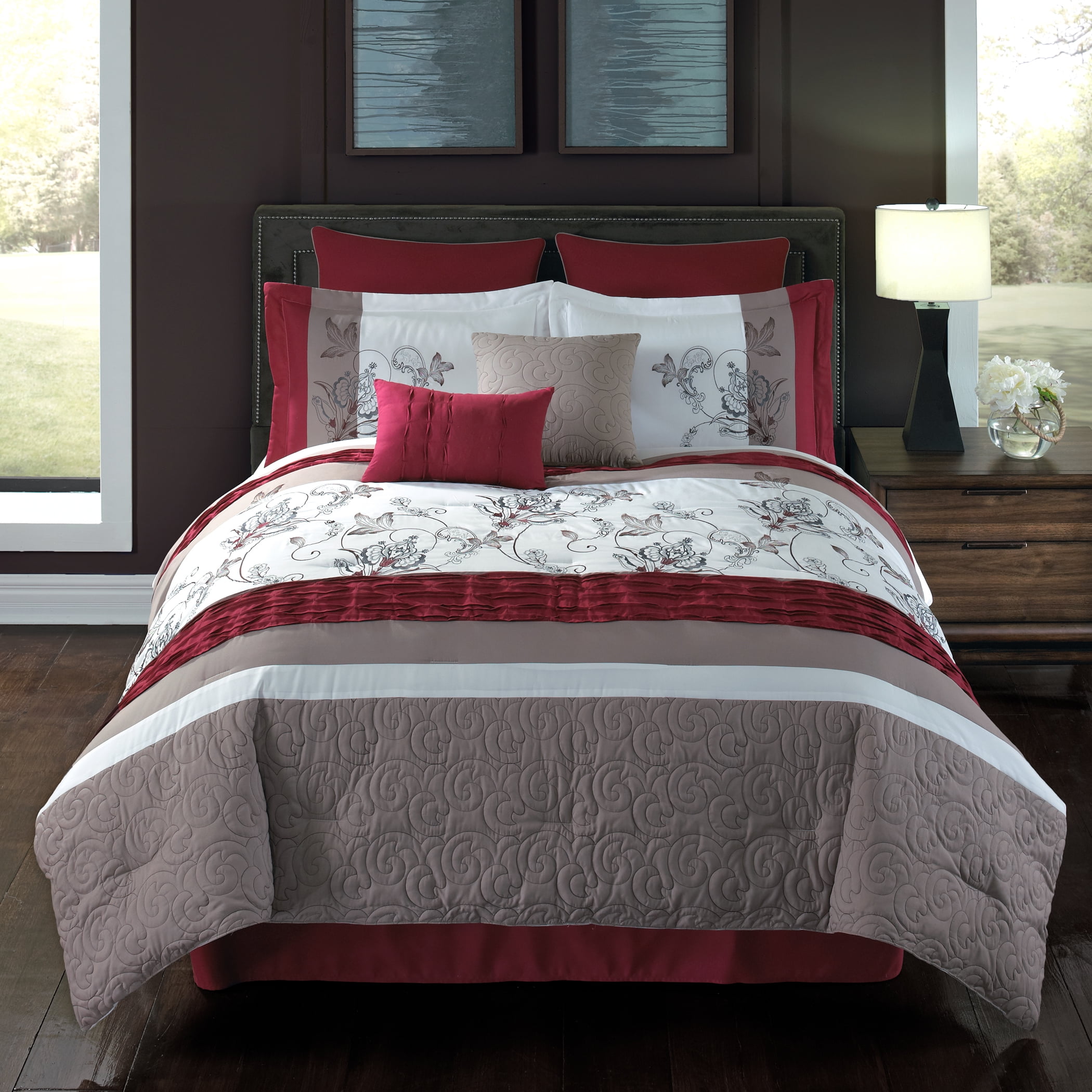 Riverbrook Home Ellie Red/Taupe Embroidered 8 Piece Queen Comforter Set, Adult