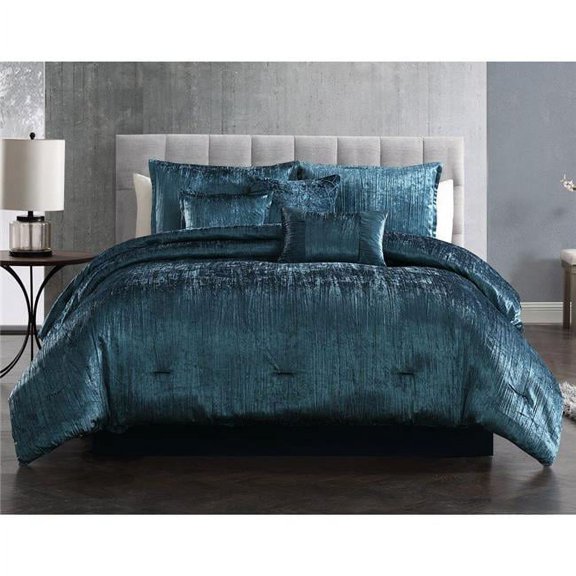Riverbrook Home 81888 Turin King Size Bed Comforter Set, Blue Crinkle Velvet - 7 Piece