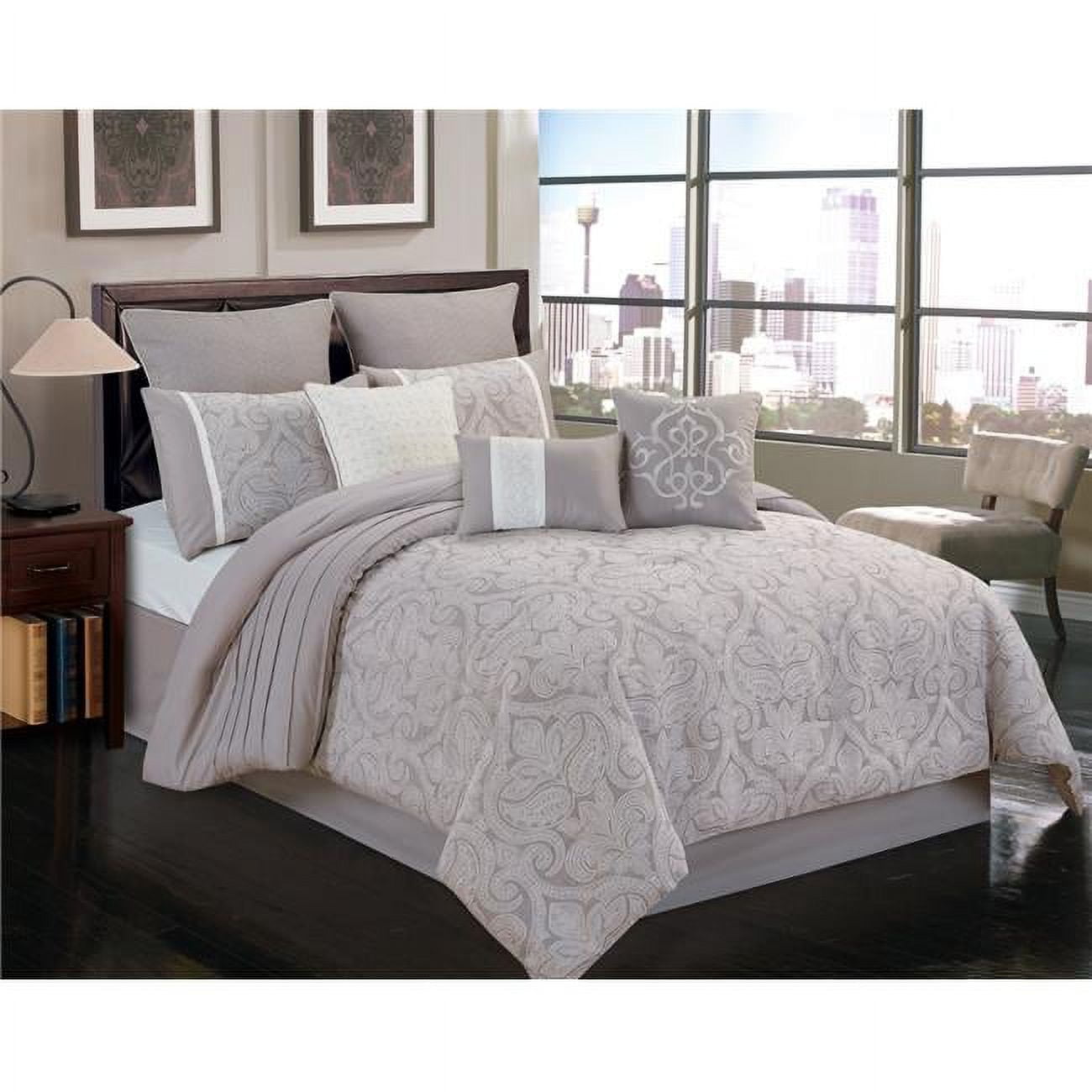 Gray Damask Jacquard Queen Comforter Set with Decorative Pillows