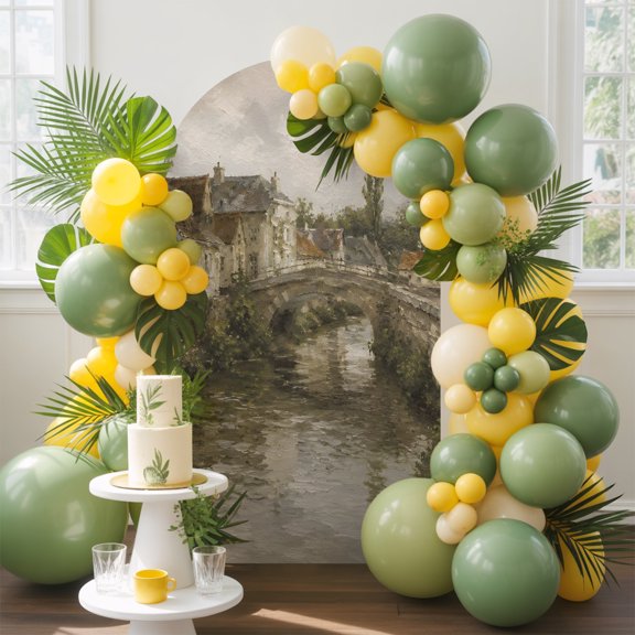 Riverfront Village Arch Backdrop Cover, 4FT, Rustic Brown Stone Bridge River Architecture Spandex Arch Covers Double-Sided Backdrop for Wedding Birthday Party Photo Background Decoration