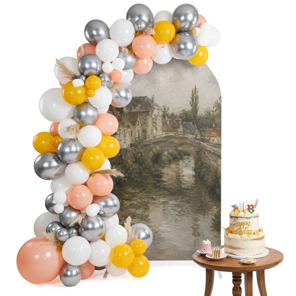 Riverfront Village Arch Backdrop Cover 4FT Rustic Brown Stone Bridge River Architecture Spandex Fitted Arch Covers Stretchy Backdrop Decoration for Wedding Birthday Graduation Party