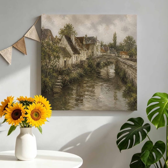 Riverfront Village Canvas Wall Art, Rustic Brown Stone Bridge River Architecture Framed Canvas Wall Decor Picture Print Artwork Decorations for Living Room Office Ready to Hang 8" x 8"