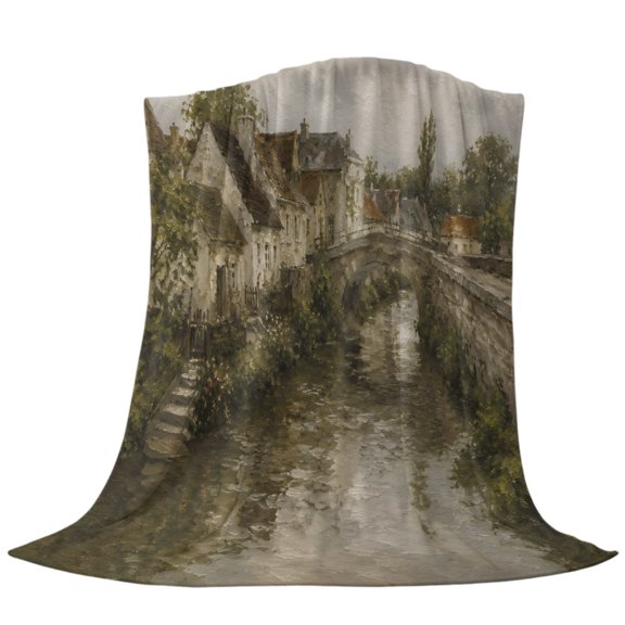 Riverfront Village Throw Flannel Blanket Rustic Brown Stone Bridge River Architecture Super Soft Cozy Bed Blanket, Lightweight Plush Fuzzy Bed Throw for Bedroom Sofa Couch Living Room 30x40in