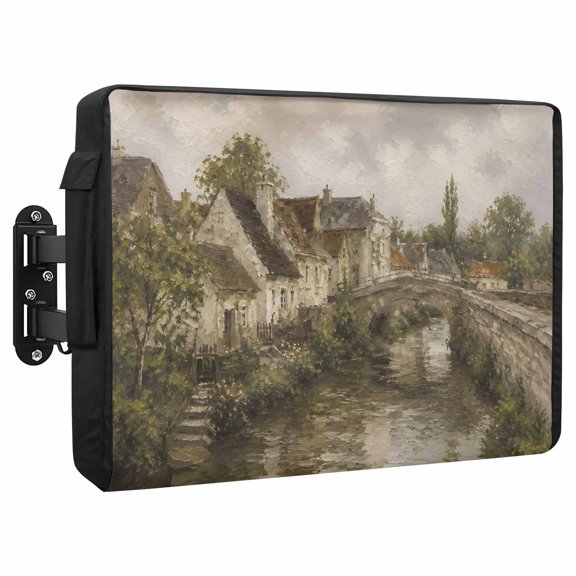 Riverfront Village Waterproof Outdoor TV Cover, Rustic Brown Stone Bridge River Architecture Outside Weatherproof TV Enclosures for 30 to 32 Inch LCD Television Shield Flat Screen Protectors