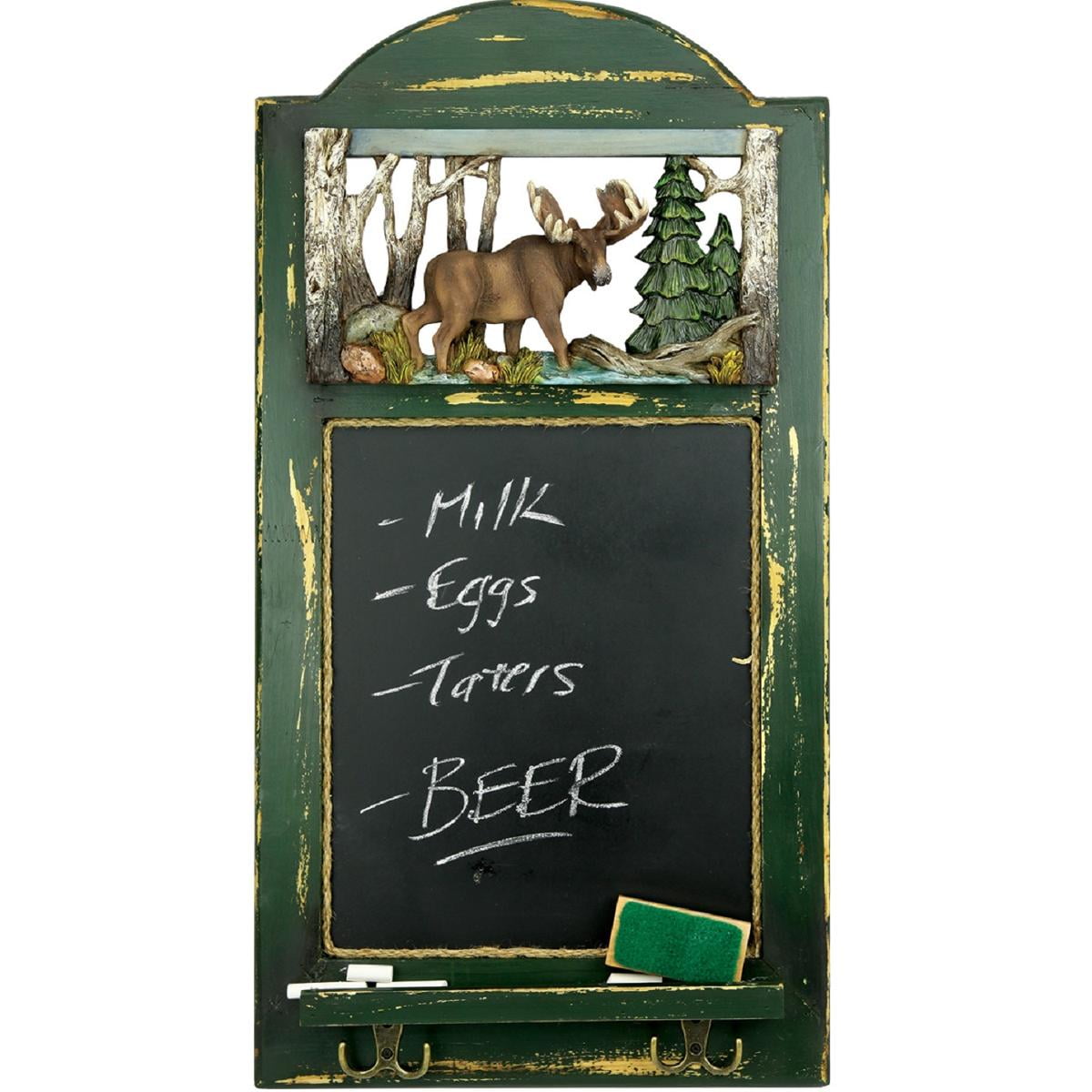 Rustic Dark Green Distressed Wood Moose Chalkboard with Hooks