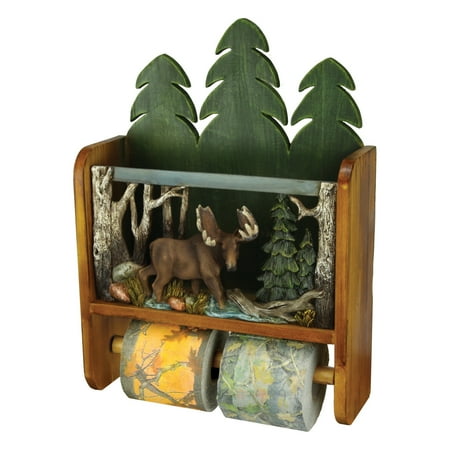 Rivers Edge Products Wood Magazine Rack and Toilet Paper Roll Holder, Wall Mounted Storage, Holds Two Standard TP Rolls, Bathroom Decor, Room Decor, or Home Decor, Moose
