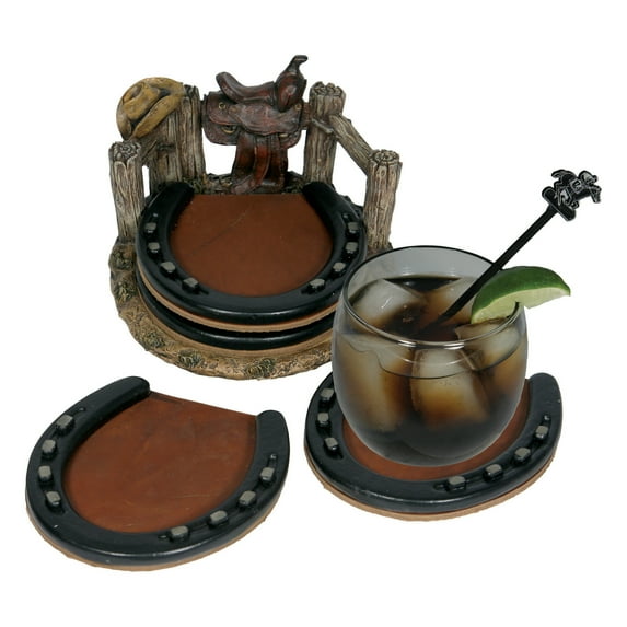 Rivers Edge Products Drink Coaster Set, Includes Rustic Coaster Holder and 4 Beverage Coasters, Resin Horseshoe with Non-Slip Cork Backing, Western Decor and Rustic Home Decor Gift, Horseshoe