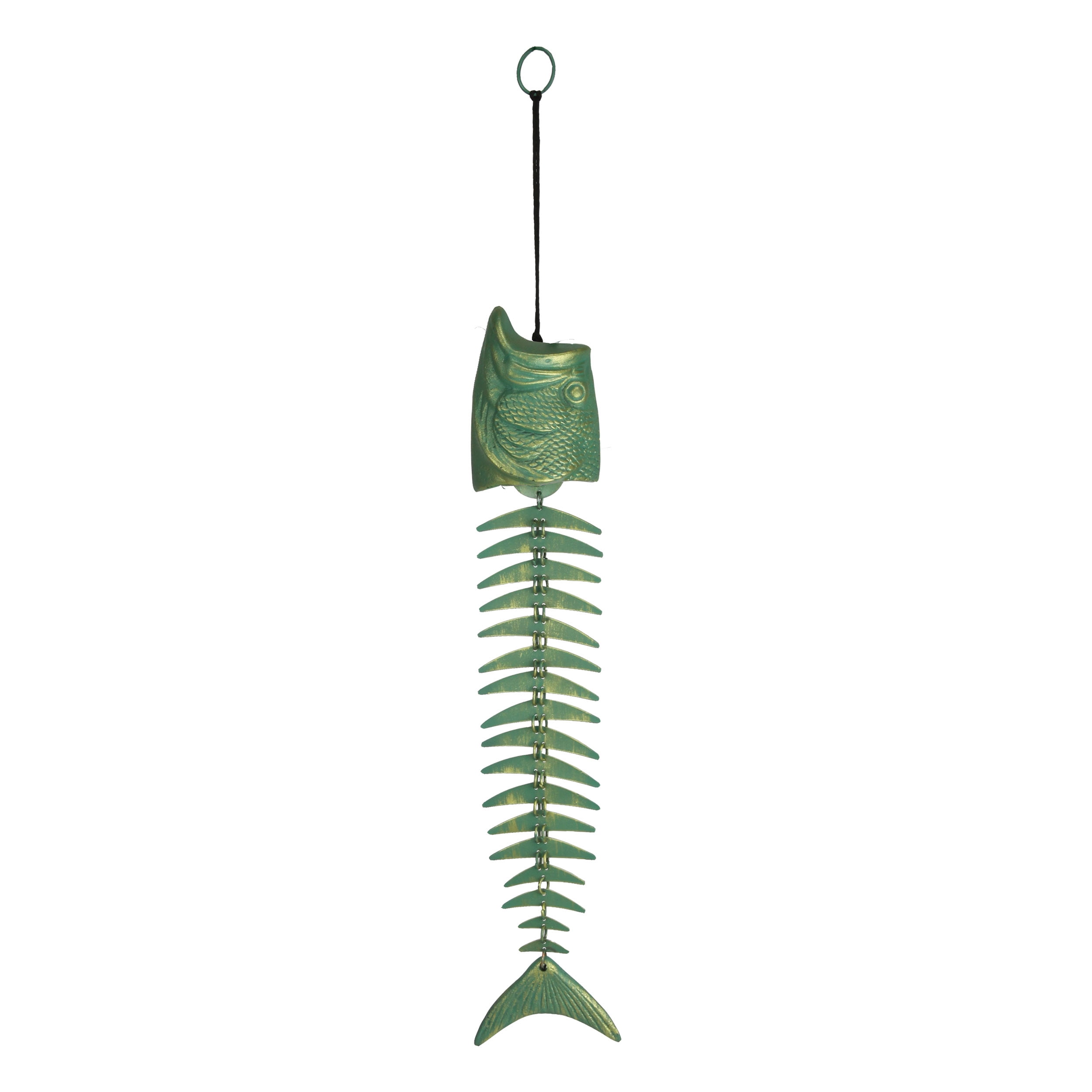 Patina Green Cast Brass Fish Skeleton Wind Chime
