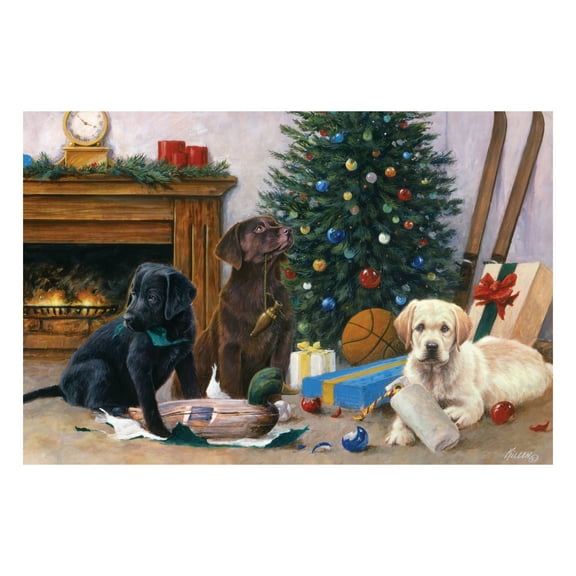 Rivers Edge Products LED Canvas Wall Art, 24 by 16 Inches, Fiber Optic Light Up Wall Decor, Battery Operated Lighted Animal Canvas Print, LED Light Kitchen, Bedroom, or Home Decor, Christmas Pups