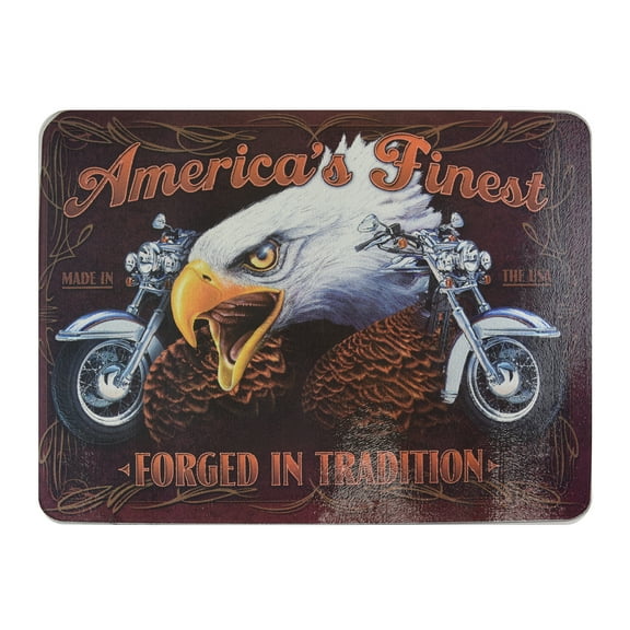 Rivers Edge Products Large 12in x 16in Decorative Tempered Glass Cutting Board, Hypoallergenic, Non Slip, Textured Surface Chopping Board for Kitchen, Bald Eagle and Motorcycle, America's Finest