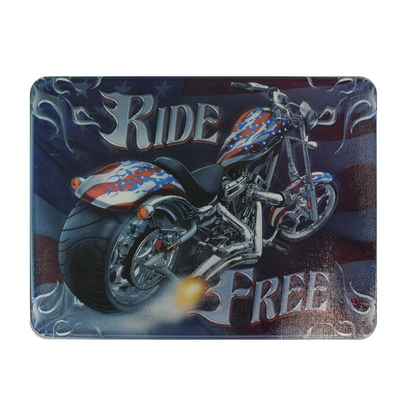 Rivers Edge Products Large 12in x 16in Decorative Tempered Glass Cutting Board, Hypoallergenic, Non Slip, Textured Surface Chopping Board for Kitchen, Biker Motorcycle, Ride Free