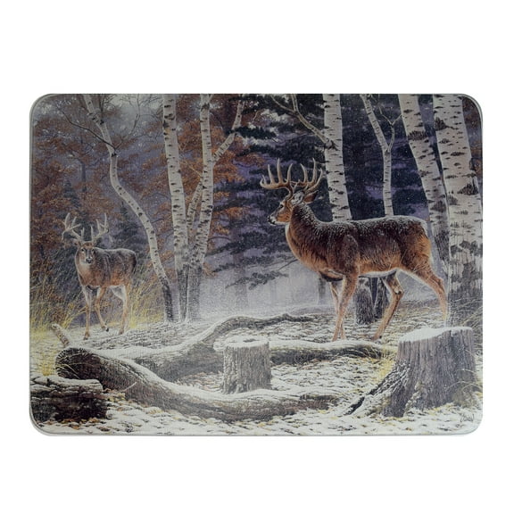 Rivers Edge Products Large 12in x 16in Decorative Tempered Glass Cutting Board, Hypoallergenic, Non Slip, Textured Surface Chopping Board for Kitchen, Deer in the Snow and Woods, Confrontation