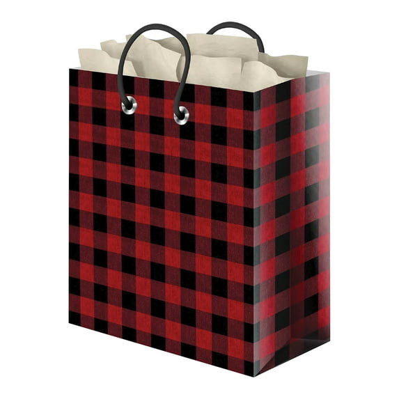 Rivers Edge Products Medium Gift Bag With Tissue Paper, 10" x 5" x 13" Birthday Bag With Handles and Card, Outdoor-Themed Present, Party Favor, Treat, Loot, or Goodie Bag, Buffalo Check