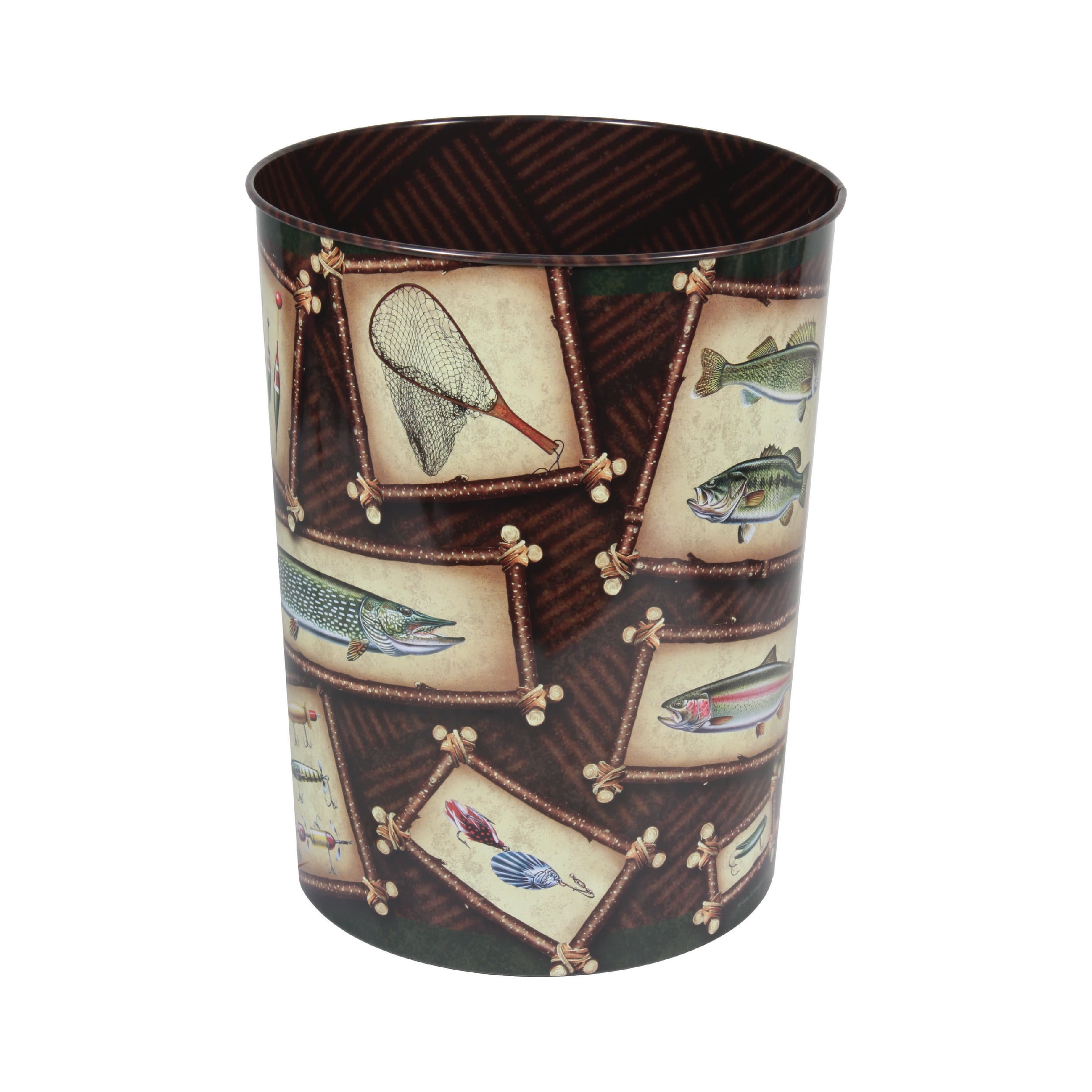 Fishing Theme Tin Waste Basket with Lodge Art