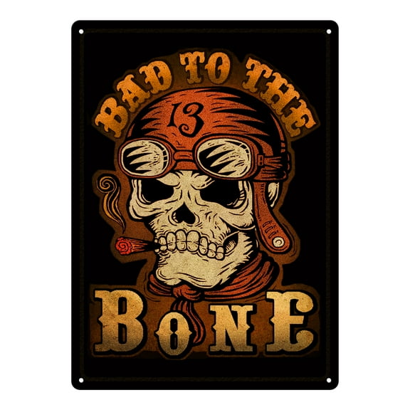 Rivers Edge Products Retro Metal Tin Sign, 17" x 12" Weatherproof Metal Wall Art for Indoor or Outdoor Decor, Vintage Man Cave, Bar, Cabin, Garage, or Home Decor, Bad to the Bone