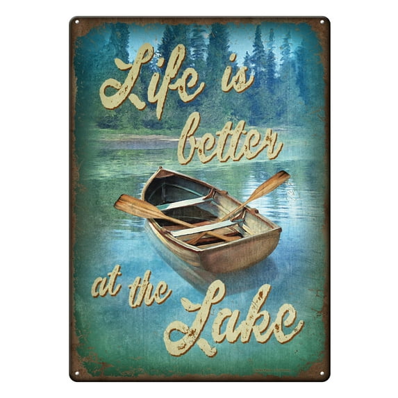 Rivers Edge Products Retro Metal Tin Sign, 17" x 12" Weatherproof Metal Wall Art for Indoor or Outdoor Decor, Vintage Man Cave, Bar, Cabin, Garage, or Home Decor, Life Better At Lake
