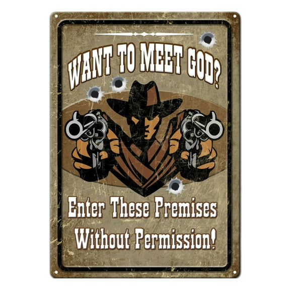 Rivers Edge Products Retro Metal Tin Sign, 17" x 12" Weatherproof Metal Wall Art for Indoor or Outdoor Decor, Vintage Man Cave, Bar, Cabin, Garage, or Home Decor, Want To Meet God