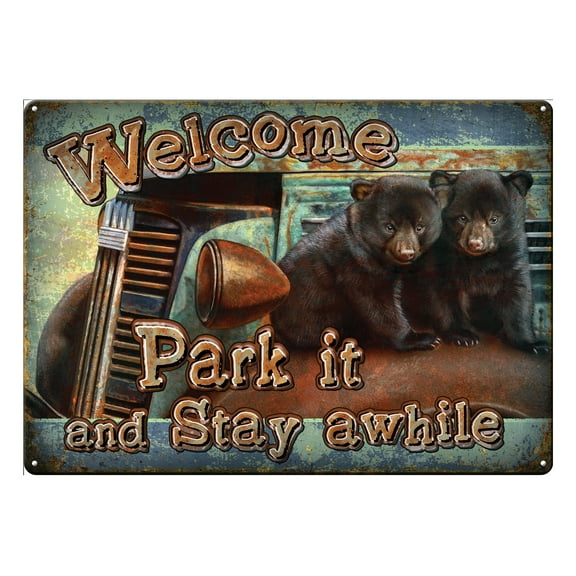 Rivers Edge Products Retro Metal Tin Sign, 17" x 12" Weatherproof Metal Wall Art for Indoor or Outdoor Decor, Vintage Man Cave, Bar, Cabin, Garage, or Home Decor, Welcome Park It Bears