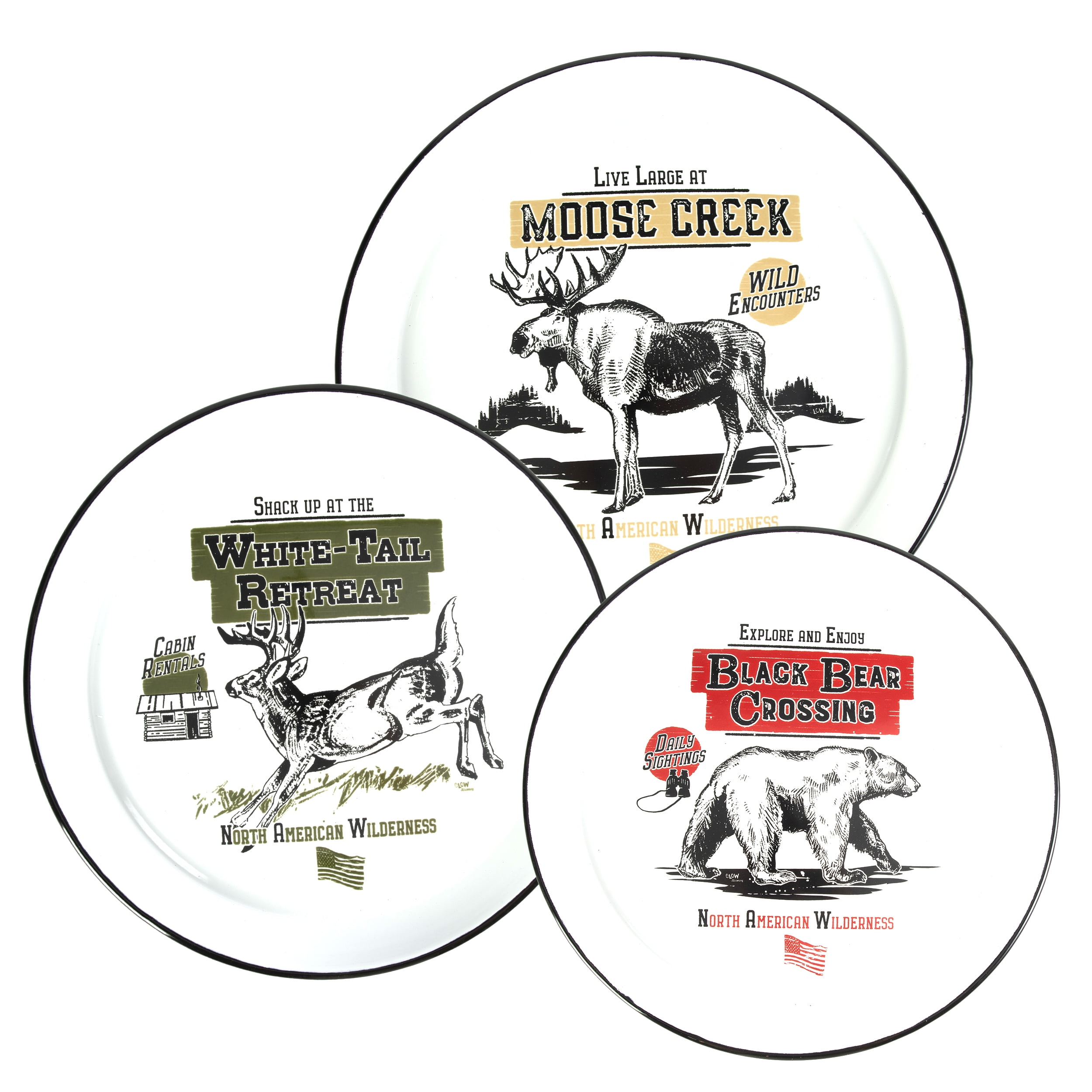 White Porcelain Enamel Round Platters Set with Wilderness Design