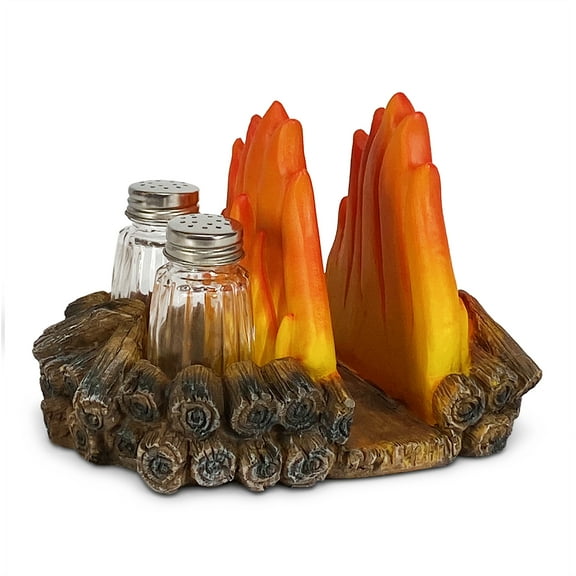 Rivers Edge Products Salt and Pepper Shakers Set, Unique Poly Resin and Glass Spice Dispenser, Novelty Kitchen Counter Decor, Campfire