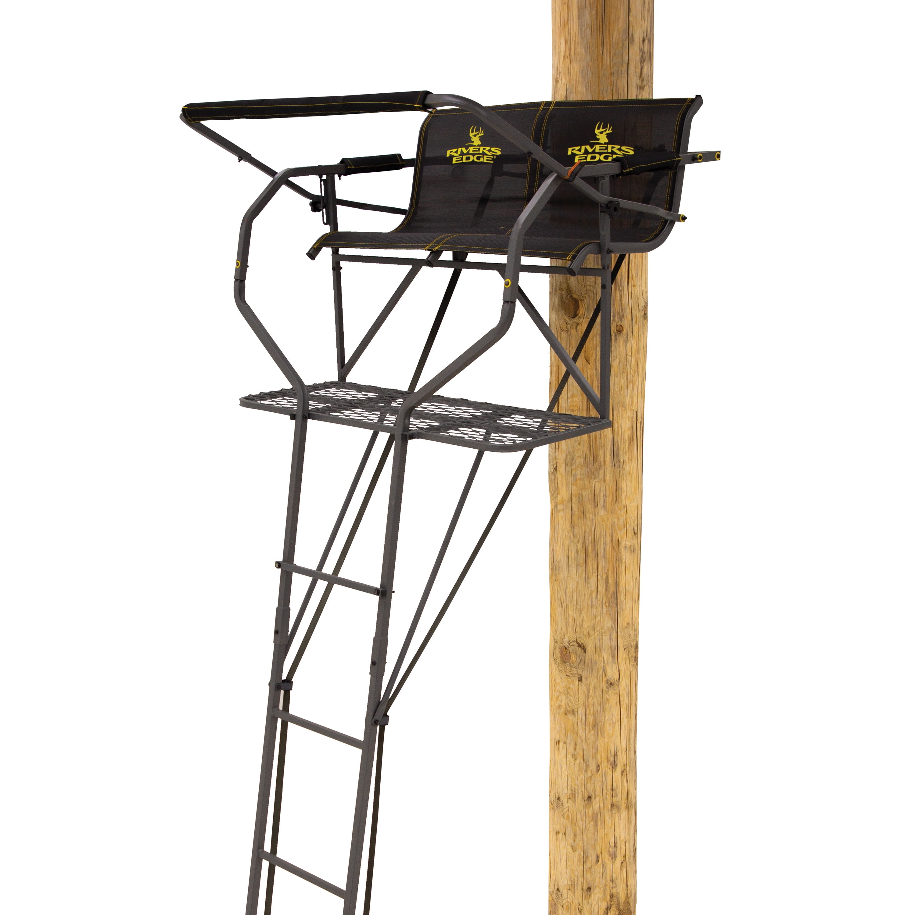 Rivers Edge Relax 2-Man LS Ladder Stand, 1610 Height, Lockdown Strapping System, Large Platform, TearTuff Mesh Seat, Flip-Back Shooting Rail, RE673
