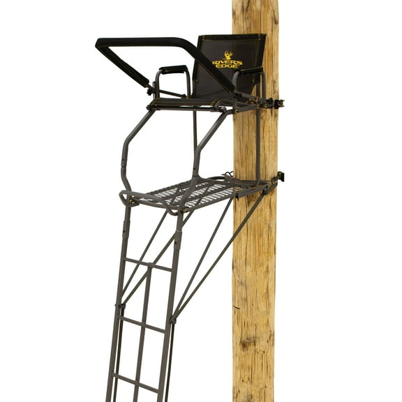 Rivers Edge Uppercut LS 1-Man Ladder Stand, 22'3" Height, Lockdown Strapping Sytem, Flip-Up TearTuff Mesh Seat, 27" Deep Platform, Flip-Out Footrest, 2-Way Adjustable Shooting Rail, RE671