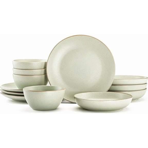 Maison Neuve Riverside 12-Piece Dinnerware Set for 4, Hand Crafted Plates and Bowls, Sage Green