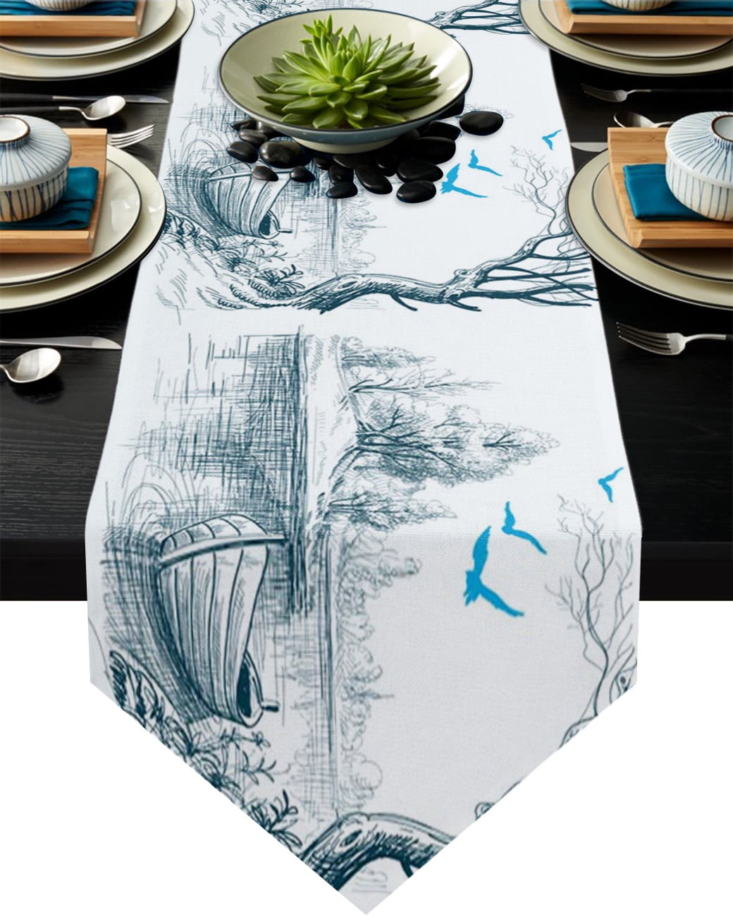 Riverside Boat Tree Flying Bird Illustration Art Table Runner Home ...