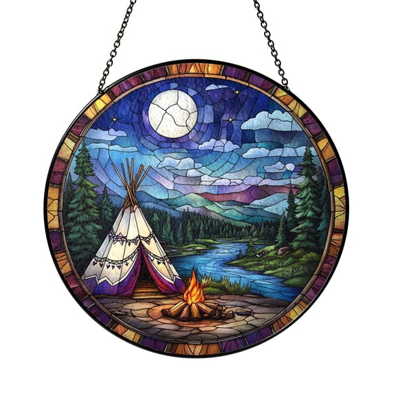 Riverside Camping Scene Stained Glass Suncatcher – Nature Window Art