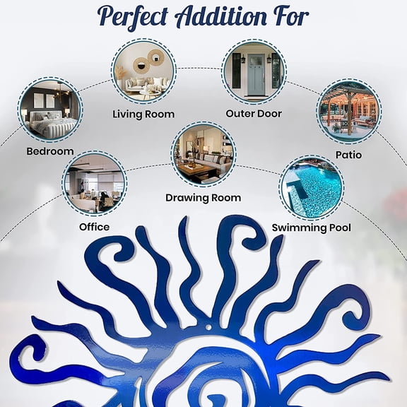 Riverside Designs Wacky Sun Metal Wall Art Indoor/Outdoor Decor - 24" Blue Rust Proof Wall Sculpture - Made in USA - Ideal for Bedroom, Garden, Home, and Farmhouse