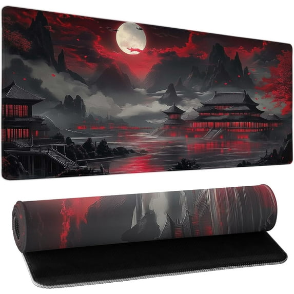 Riverside Full Moon Desk Mat Japanese Desk Pad Black Red Large Mouse Pad Gaming Mousepad 31.5"x11.8" Extended XXL Keyboard Pad Japanese Laptop Pc Computer Mouse Keyboard Mat for Home Office Work Game