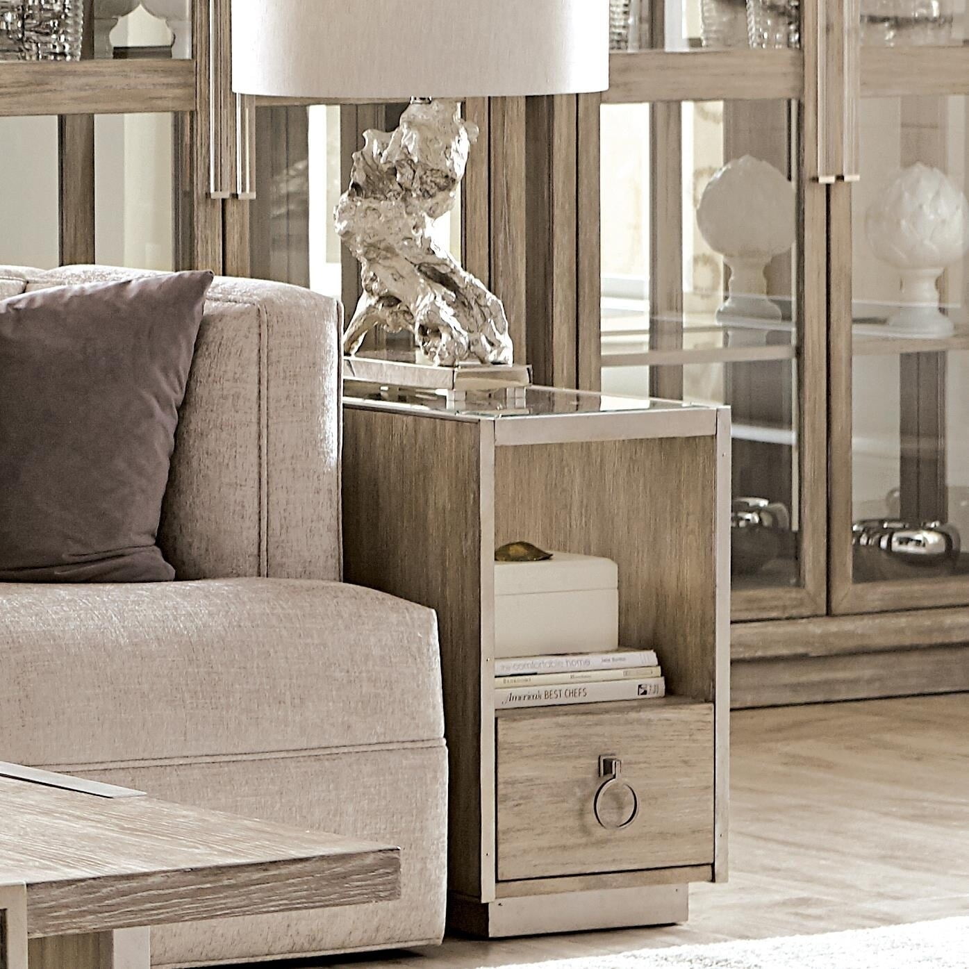Sophie Transitional Brown Oak and Metal Chairside Table with Storage