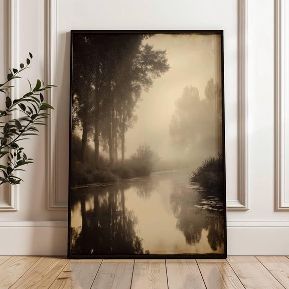Riverside Landscape Print Peaceful Neutral Sepia Wall Art, Unframed Paper Poster 16x20in