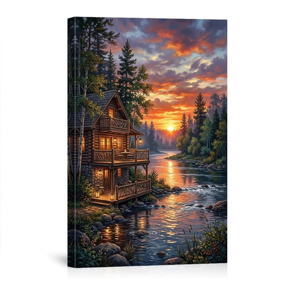 Riverside Log Cabin At Sunset Rustic Forest River Landscape With Pine Trees For Living Room Bedroom Canvas