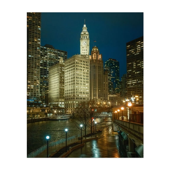 Riverwalk at Night, Chicago - Chicago Illinois Photography Cityscape Architecture Nightlife Skyline Water Bridge Travel Poster Unframed Wall Art Print 6 x 8 inches