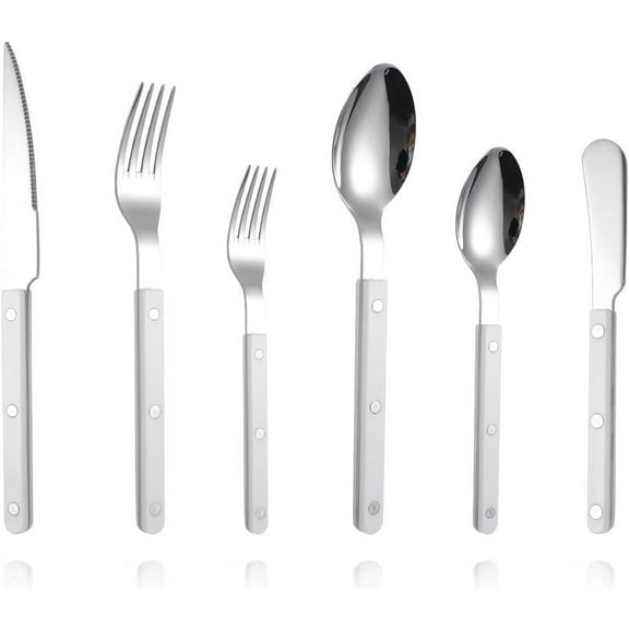 Rivet ABS Faux Wood Handle Silverware Set - 6-Piece Stainless Steel Flatware with Steak Knife, Fork, Spoon, Teaspoon, Dessert Fork and Butter Knife - Elegant Tableware Cutlery for Dining (White)