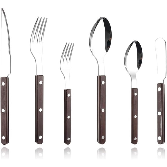 Rivet ABS Faux Wood Handle Silverware Set - 6-Piece Stainless Steel Flatware with Steak Knife, Fork, Spoon, Teaspoon, Dessert Fork and Butter Knife - Elegant Tableware Cutlery for Dining (Brown)