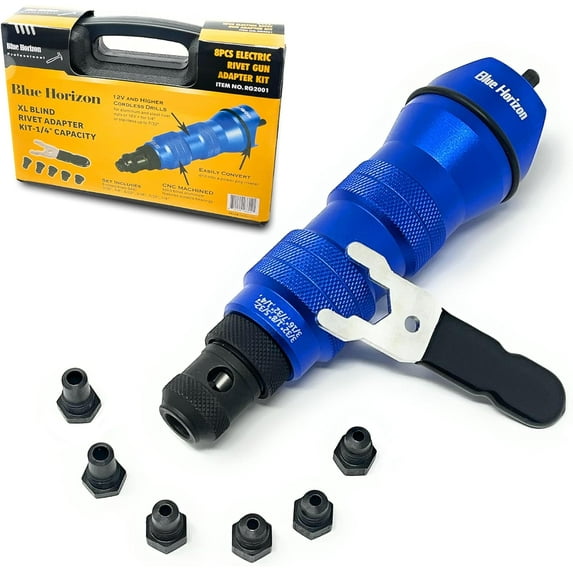 Rivet Gun Adapter for Drill – XL Blind Tool Rivet Riveter Setter for Cordless, Pneumatic or Corded Drills – Includes 6 Nose Pieces for 3/32" to 1/4" Rivets and Carrying Case