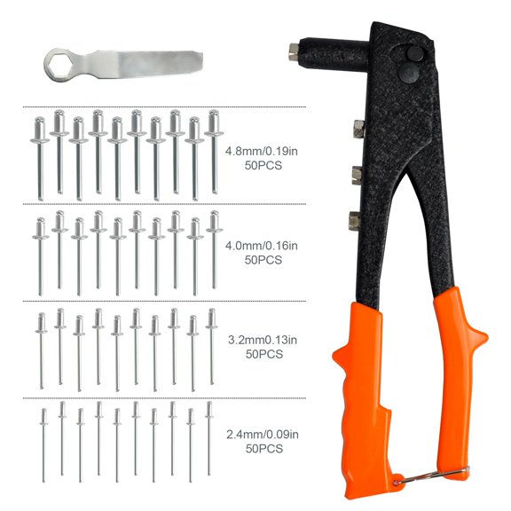 Rivet Gun, Manual Pop Rivet Gun with 4 Replaceable Nosepieces & 200 PCS Rivets, Hand Riveter for Automotive, Furniture, DIY & Metal Working