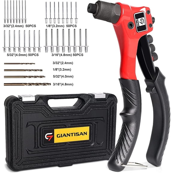 Rivet Gun, Pop Rivet Tool Kit with 200 Rivets and 4 Drill Bits, Manual Hand Riveter Kit with Rugged Carrying Case