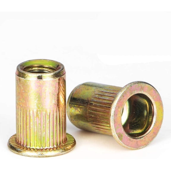 Rivet Nut, 100 Pieces 10-24UNC Carbon Steel Flat Head Rivnut Threaded Insert Nut, Knurled Body (10-24UNC)