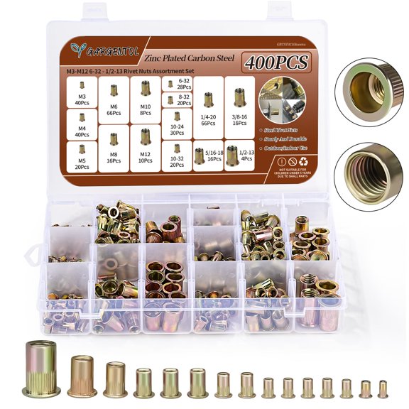 Rivet Nut Assortment Kit 400PCS Metric SAE Zinc Plated Carbon Steel Flat Head Threaded Insert